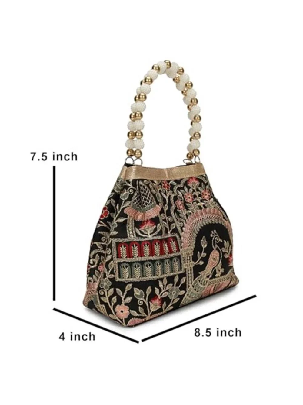 Vintage Peacock Floral Embroidered Potli Bag with Pearl Beaded Handle, Evening